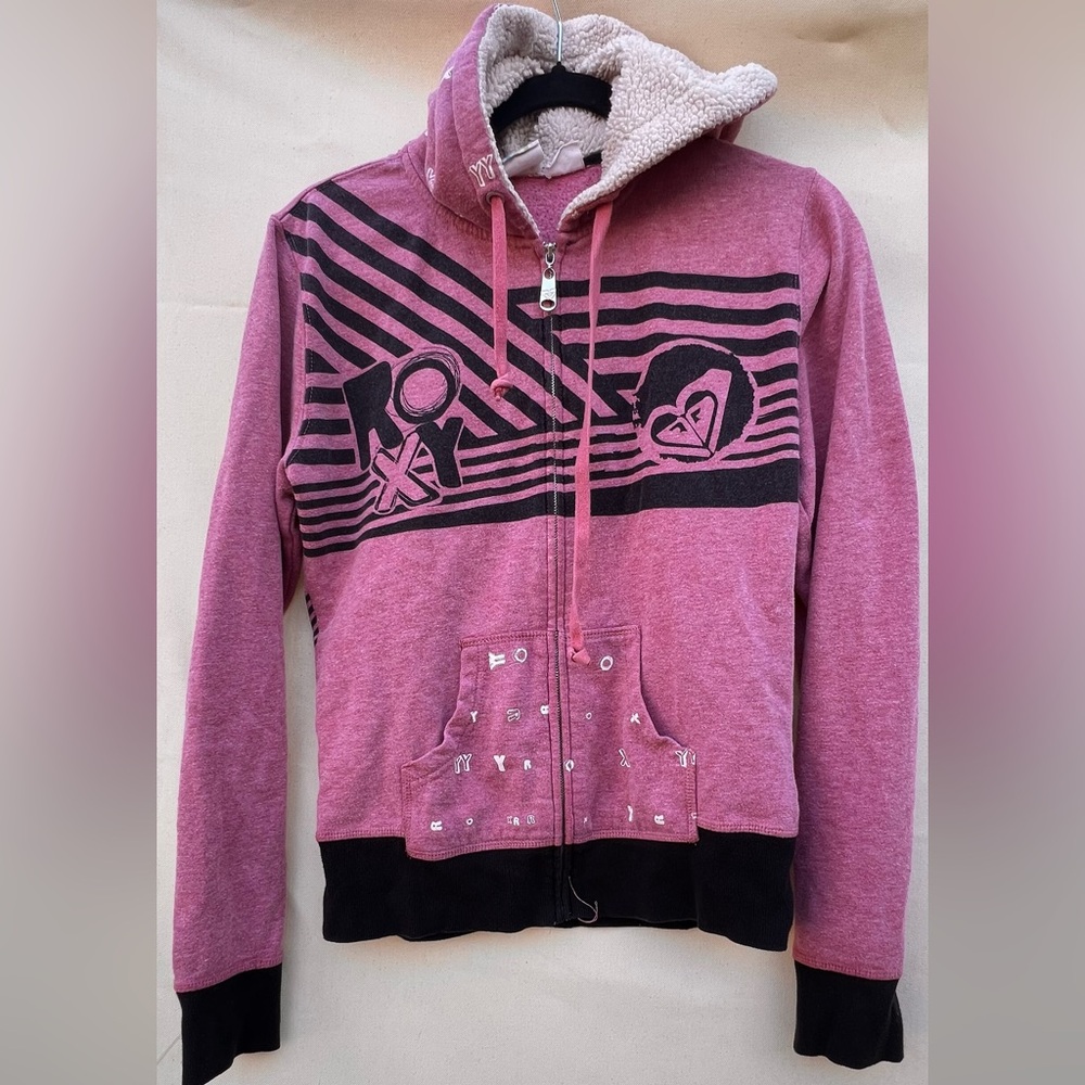 🚫 SOLD🚫Y2K Roxy Pink and Black Girls' Zip-Up Sherpa Lined Hoodie Jacket